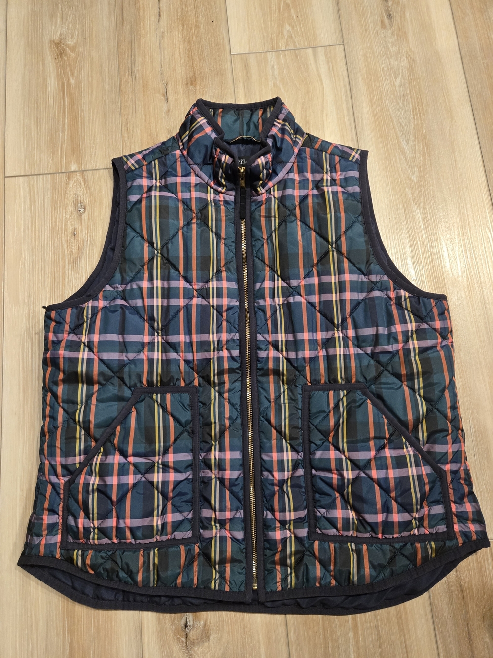 J. Crew Navy Quilted Plaid Sleeveless Vest with Multicolor Stripes XL
